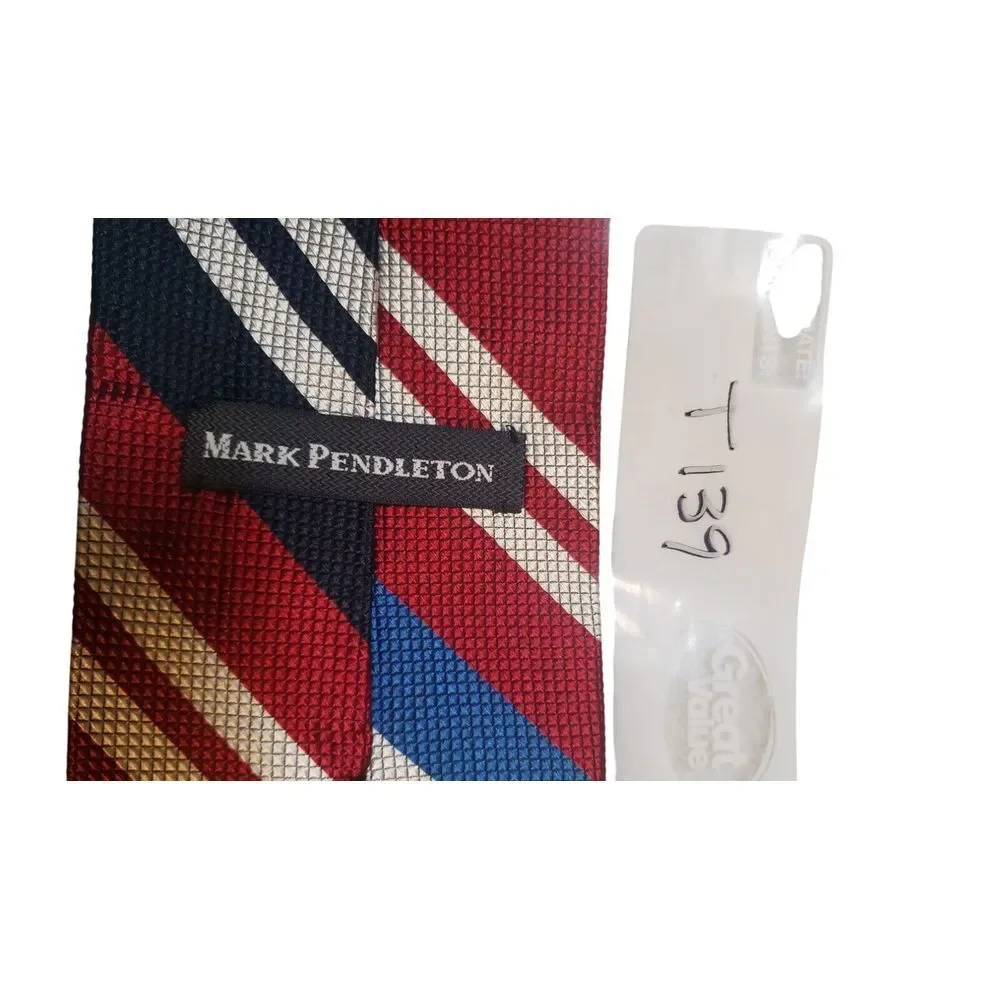 Mark‎ Pendleton Neck Tie Red White Blue Textured Stripes Italian Silk Preppy